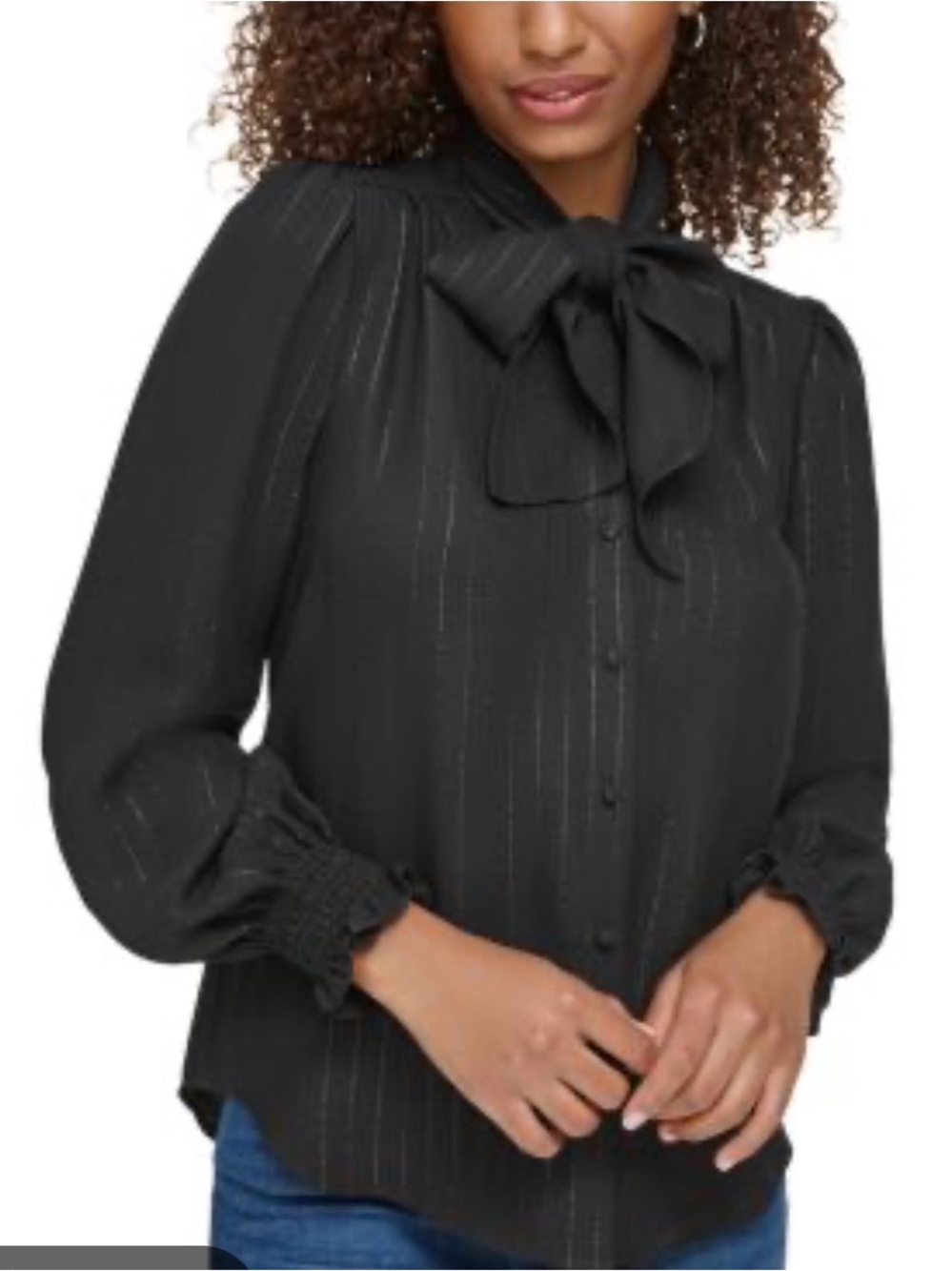 Karl Lagerfeld Black Long-Sleeve Tie-Neck Blouse with Metallic Stripe Detail